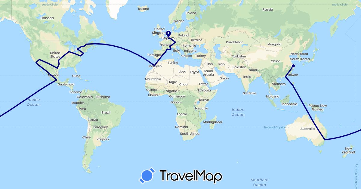 TravelMap itinerary: driving in Australia, Belgium, Canada, China, Germany, Spain, France, Morocco, Monaco, Mexico, Philippines, United States (Africa, Asia, Europe, North America, Oceania)